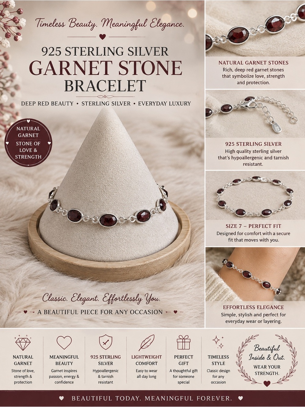 925 Sterling Silver Garnet Stone Bracelet Size 7